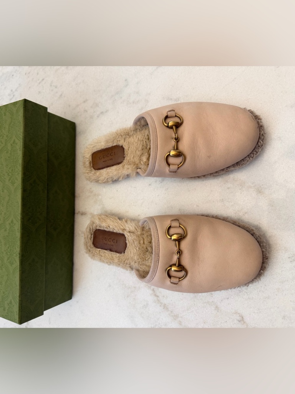Gucci Beige Leather Fur-Lined Horsebit Mules - Picture 7 of 10